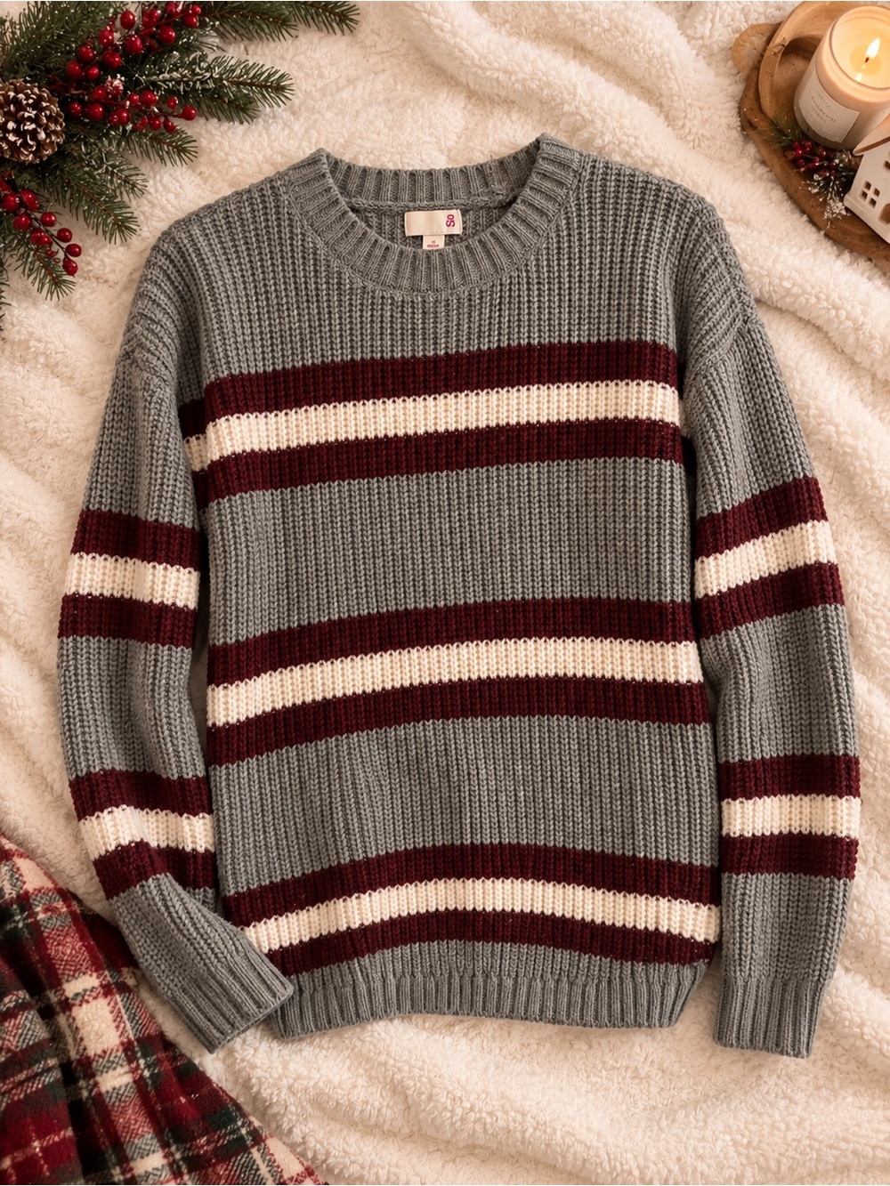 Womens SO Gray Knit Crewneck Sweater with Burgundy & white Stripes